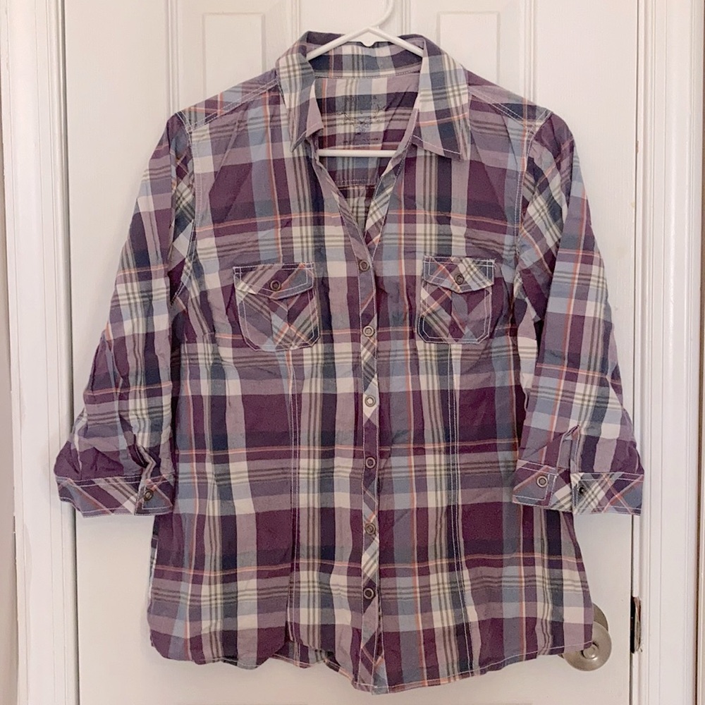 Quarter sleeve plaid snap button shirt from Sonoma
